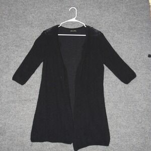 Eileen Fisher Cardigan Sweater Women M Black Cotton Linen Ribbed Open Front Long
